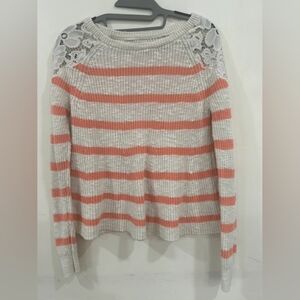 White & Coral Striped Lace-Shoulder Sweater